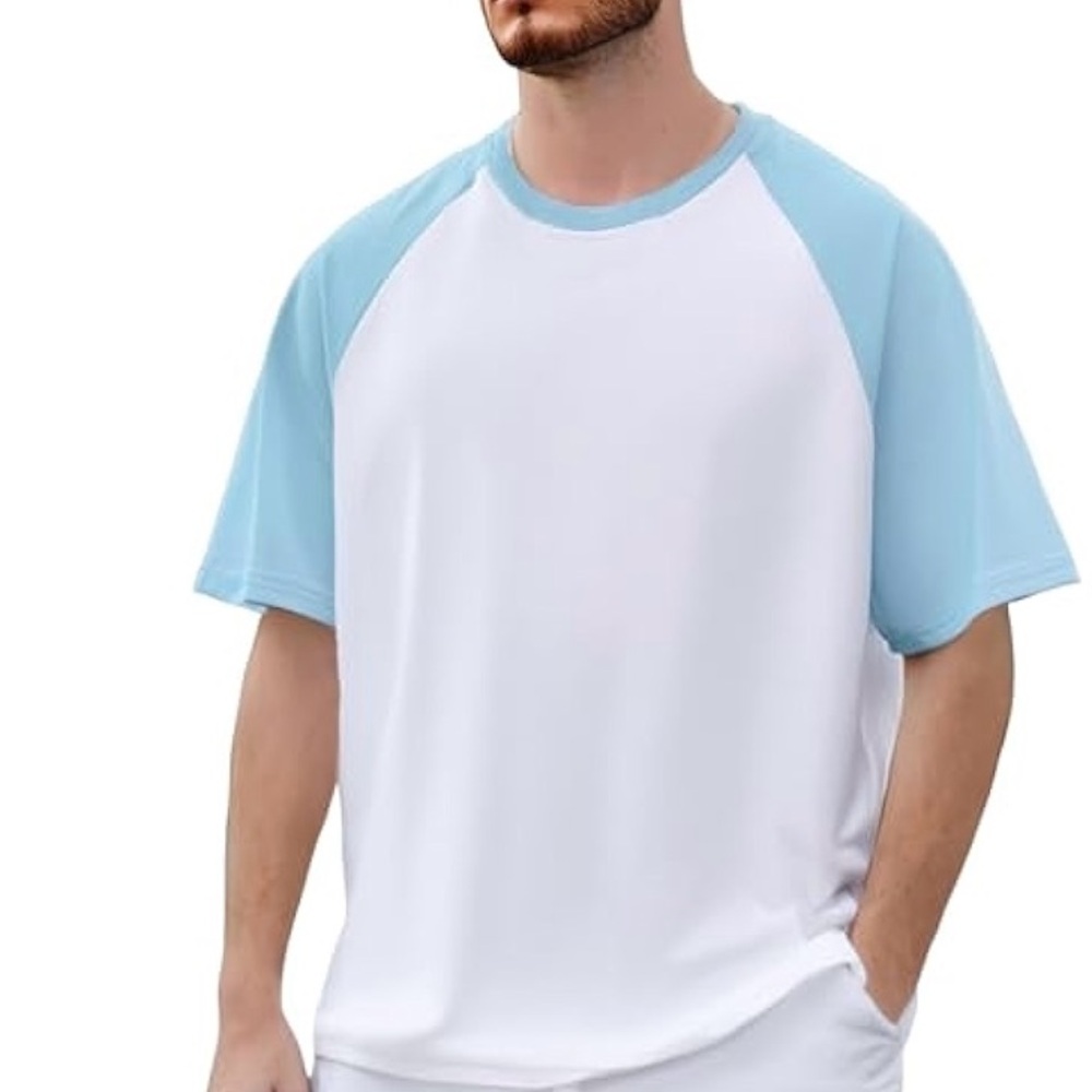 Men's White and Blue Raglan Sleeve Graphic Collared Quick Dry Shirt L